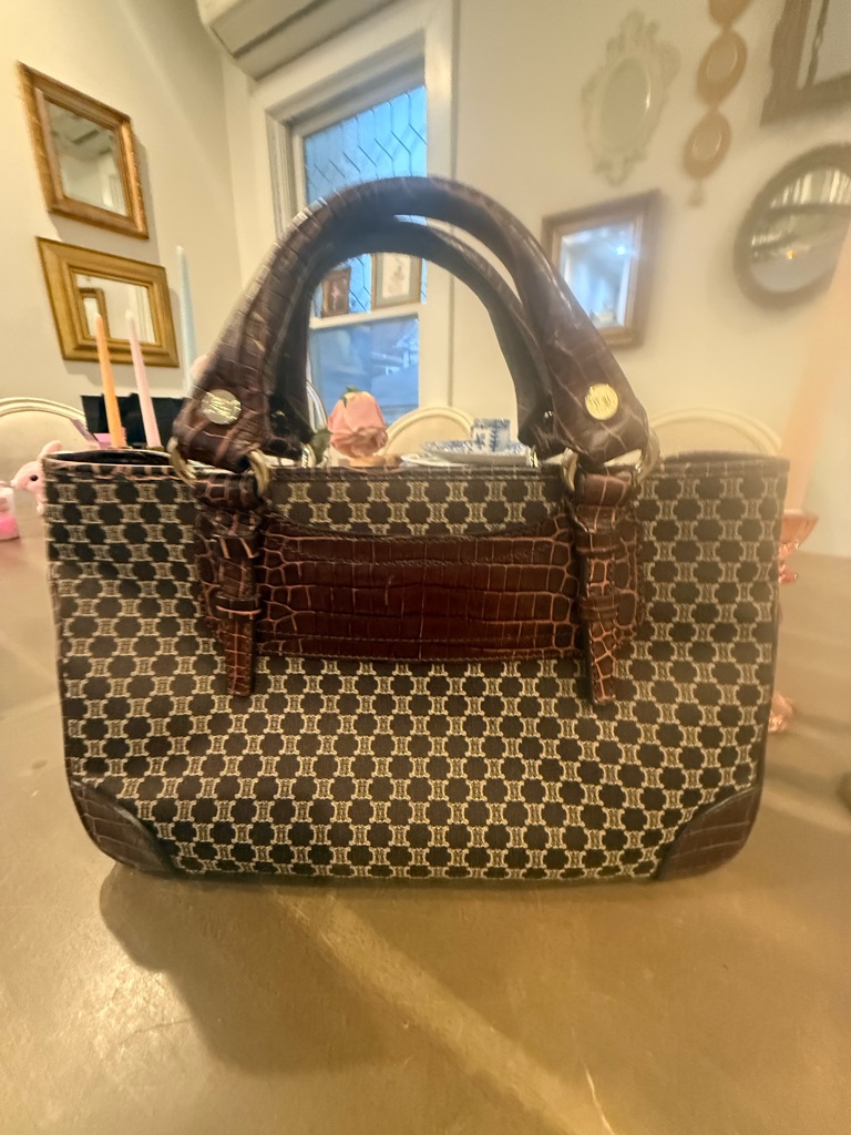 Classic Brown Croc-Trim Canvas Tote Bag